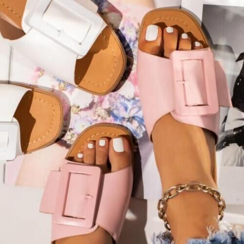 Trendy Women Slipper PU Leather Flat Summer Shoes Women with Buckle Open Toe Outdoor Slip on Sexy Fashion Ladies Slide Wholesale