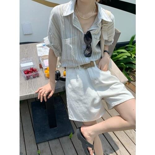 New 2021 Stripe Shirt Female Womens Blouse Summer Women Blouses Blusas Casual Elegant Vintage Short Sleeve Cotton Oversize Loose