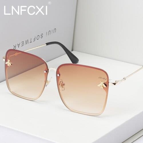 LNFCXI New Fashion Lady Oversize Rimless Square Bee Sunglasses Women Men Small Bee Glasses Gradient Sun Glasses Female UV400