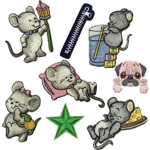 New Zipper Dog Mouse Patch Clothing Embroidery Iron on Animal Patches for Kids Bags Hat Dress Clothing DIY Decoration Accessory