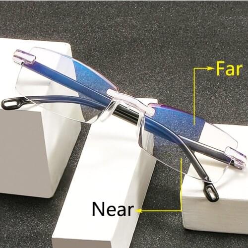 Men Women Bifocal Reading Glasses Rimless Far Near Anti Blue Light Magnifying TR90 Eyewear Presbyopic Glasses Diopter +150 +200