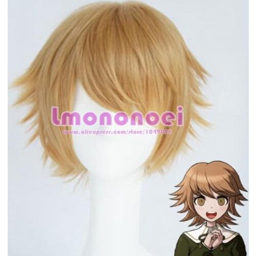 Anime Danganronpa Fujisaki Chihiro Cosplay hairwear short Golden Blonde Wig+Wig Cap