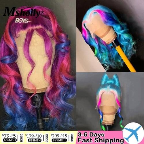 Blue Purple Highlight Wig 180Density Rainbow Wig 13x4 Lace Frontal Wig Ombre Colored Human Hair Wigs Brazilian Remy Hair Wigs