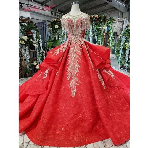 AnXin SH Luxury princess golden flower red lace beading crystal dubai o neck ball gown handmade wedding dress 100% real photo