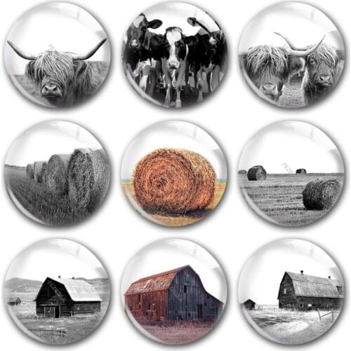 Handmade Farm cow wheat windmill Farmer Fall Round Photo Glass Cabochons Demo Flat Back DIY Jewelry Making Findings Accessory