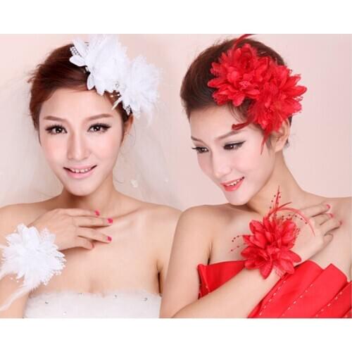 Dancing Feather Party Prom Hair Clips Cloth Flower Hairpins Wedding Hair Rope Bead Wire Evening performance Peadpieces