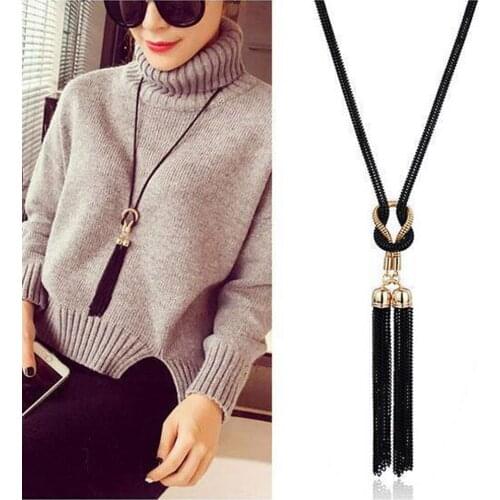 Vintage Black Long Tassel Necklace Pendant for Women Female Winter Sweater Chain Accessories Collares Statement Necklace Jewelry