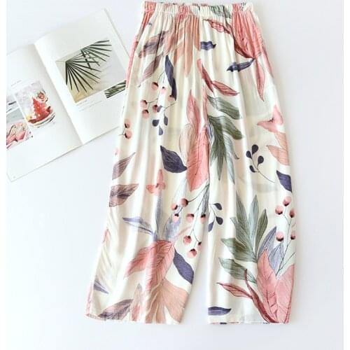 JULYS SONG Sleep Bottom Thin Female Homewear Pants Floral Print Calf-length Pajamas Pants Wide-Leg Comfortable Elastic Pyjamas