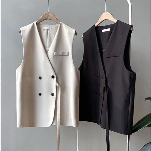 2021 Spring Autumn New Sleeveless Blazer Vest Lace Up Elegant Korean Vests Coat Casual V-neck Women Black White Jackets aq213