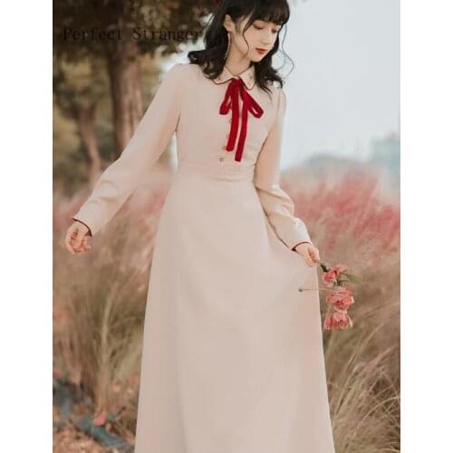 High Quality 2021 Spring New Arrival Peter Pan Collar Flower Embroidery Long Sleeve Woman Long Dress