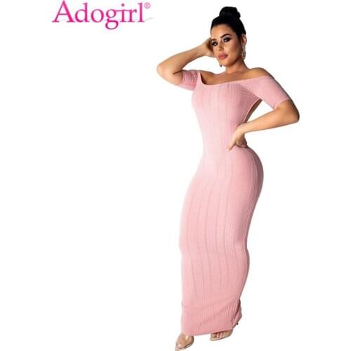 Adogirl Women High Stretchy Ribbed Backless Maxi Knit Dress Slash Neck Off Shoulder Shorts Sleeve Bodycon Long Club Party Dress