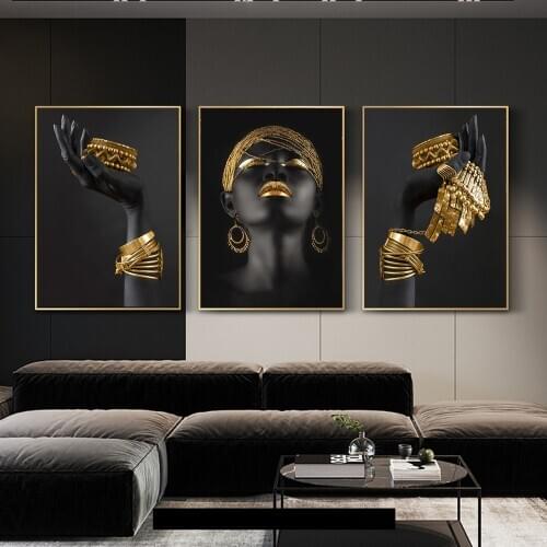 African Woman Holding Gold Jewelry Canvas Posters and Prints Black Woman Art Paintings on the Wall Art Pictues For Living Room