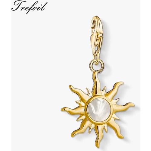 White Stone Golden Sun Charm,2019 Summer Fashion Jewelry 925 Sterling Silver Trendy Gift For Women Men Fit Bracelet Necklace Bag
