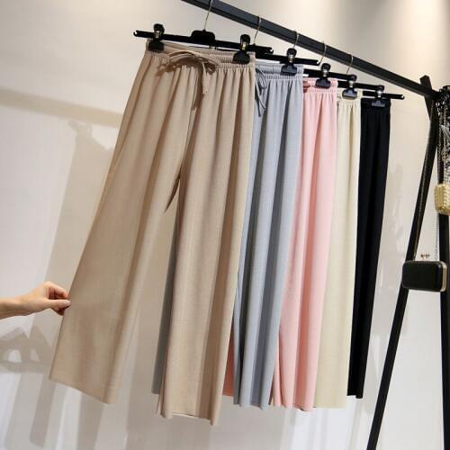 Wide Leg Pants Women Summer New High Waist Loose Ice silk Thin Capri-Pants Drape Straight Casual Pants female