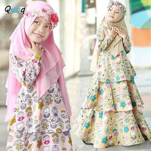 Qunq Girls Muslim Long Dress with Hijab Flower Prints Spring Fall Kids Clothes for Girl Toddler Children 1 2 3 4 5 Year Outfits