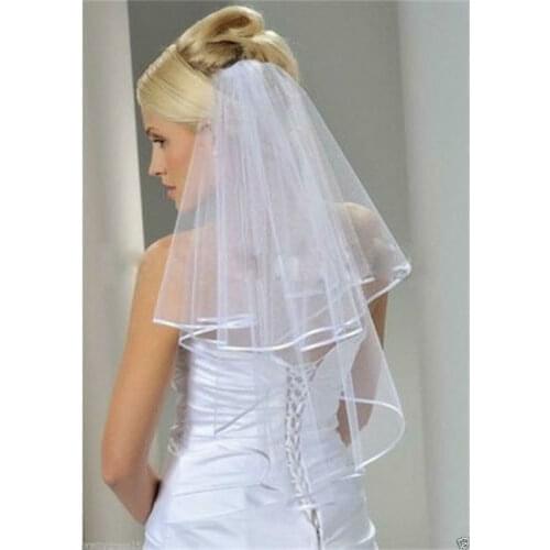 2T Two Layer White Ivory Wedding Bridal Veil Elbow Length Satin Edge With Comb