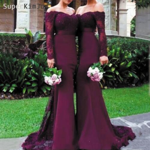 Grape Bridesmaid Dresses Long Sleeve Mermaid Lace Applique V Neck Purple Wedding Guest Dress for Wedding Party