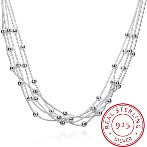 LEKANI Women Fine Jewelry 925 sterling silver 18'' Five lines beads snake chain Charm Balls Multilayer Necklaces collares