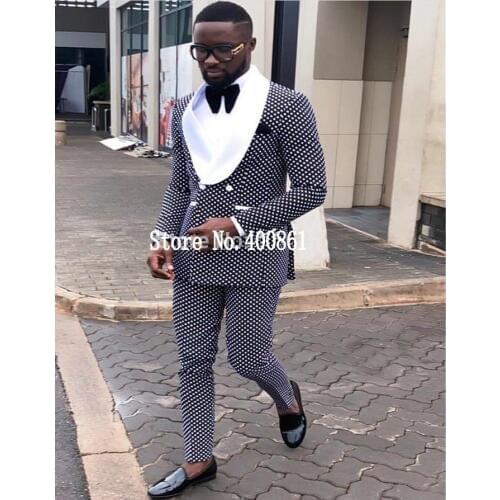 Fashionable Double Breasted Navy Blue Polka Dot Groom Tuxedos Shawl Lapel Groomsmen Men Blazers Suits (Jacket+Pants+Tie) NO:342