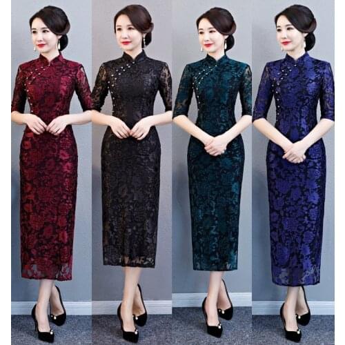 New Cheongsam Autumn And Winter Rotten Flower Velvet Long Qipao Improved Mother Installed Three Quarter Sleeve Qipao Dress 치파오