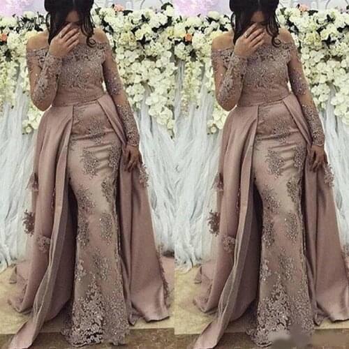 New Sexy Arabic Prom Dresses for Women Off the Shoulder Mermaid Long Sleeves Lace Appliques Crystal Beaded Formal Evening Dress