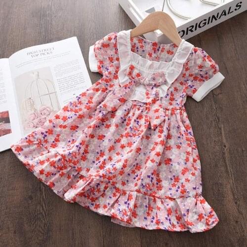 New Baby Girls Korean Casual Dresses Cute Kids Flowers Print Princess Vestidos Short Sleeve Toddler Girl Summer Bowtie Clothing