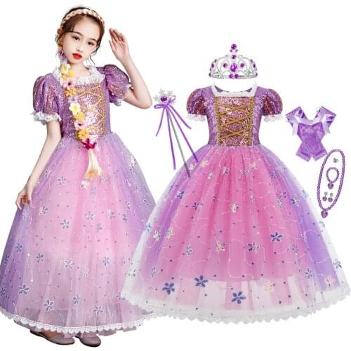 Rapunzel Girl Dress Lace Sequined Tangled Carnival Princess Costume Children Halloween Christmas Party Robes Kids Cosplay JYF