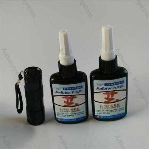 Genuine 2pcs 50g kafuter K-303 UV glue +portable uv flashlight PMMA acrylic adhesive bonding transparent plastic PVC ABS metal