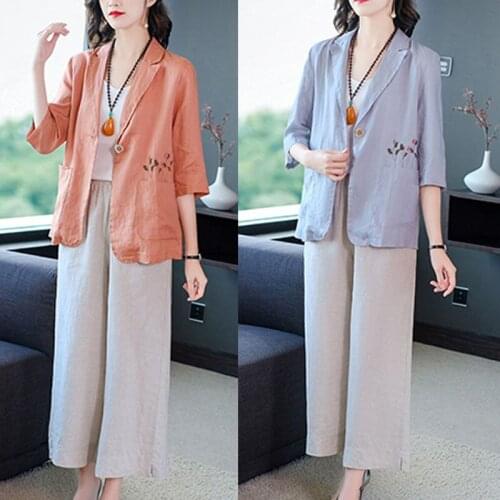 Linen Embroidery Casual Sunscreen Jacket Female 2021 Spring Summer New Retro Art Loose Cotton And Linen Shirt Pants Suit zh848