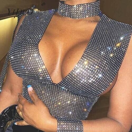 YiDuo Luxury Black Diamonds Cut Out Cropped Shirt Crystal Rhinestone Deep V Neck Crop Top Sexy Women Slim Night Party Club Tops
