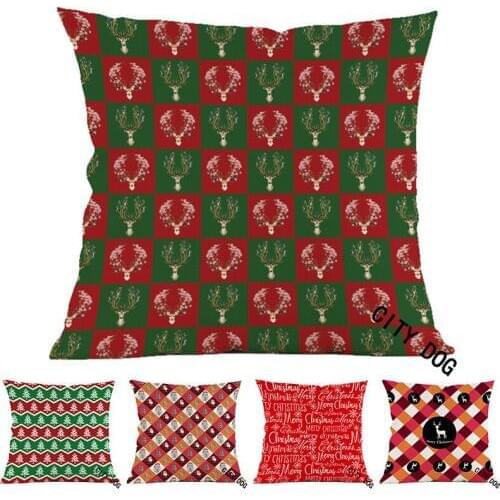 Christmas Decorative Pillow case Geometric red green square lattice elk Cotton Linen Cushion cover 45*45cm Cushions Covers Decor