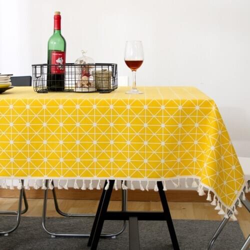 Nordic Cotton Linen Tablecloth Yellow Plaid Striped Christmas Table Cloth White Lace Decor Rectangular Tea Table Pad Mealcloth