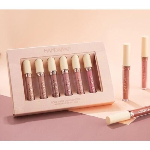HANDAIYAN 6Pc/Set Long Lasting Lip Gloss Waterproof Beauty Lip Glazed Matte Nude Glitter Liquid Lipstick Red Lip Tint TSLM1