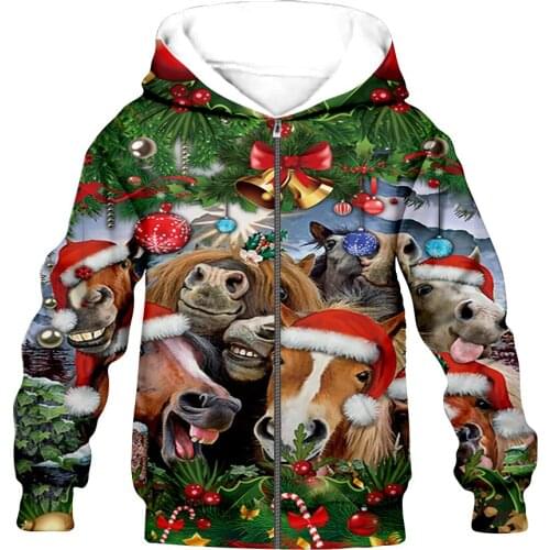 Steed horse Christmas 3DChristmas print Flannelet thickening type Children zipper coat Sweatshirt/Hooded//family clothing design