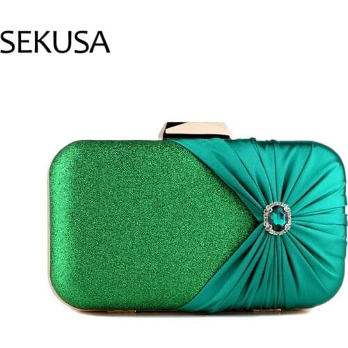 Criss-Cross Women Evening Bags Green Color Satin Diamonds Shoulder Chain Day Clutches Purse Wedding Evening Bag