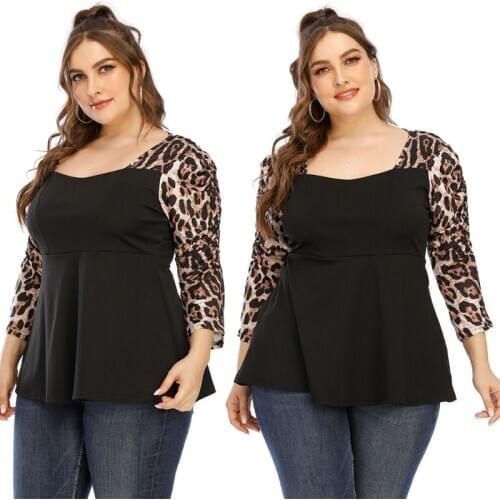 Women Puff Sleeves Leopard Patchwork Loose T-Shirt Sexy V-Neck Keyhole Back Tops