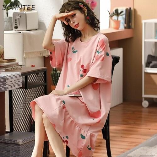 Women Nightgowns Knee-length Short Sleeve Loose Printed Fashion Ruffles Kawaii O-neck High Quality Various Color Leisure Summer