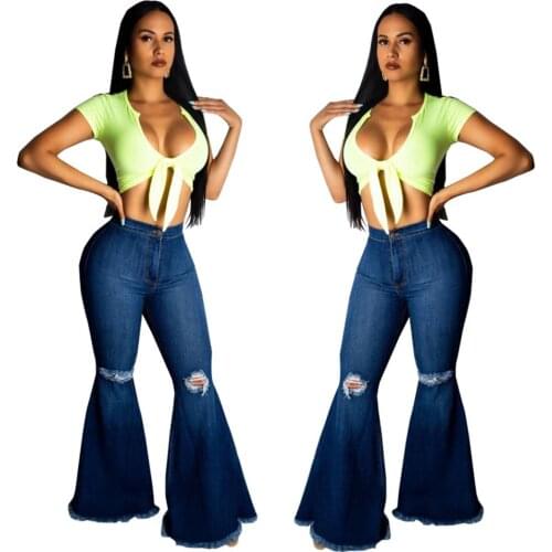 2021 New Women High Waist Ripped Hole Jeans Slim Fit Elegant Female Denim Trousers Bell Bottom Vintage Flared Pant plus sizs