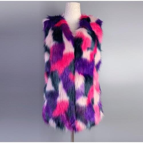 Mixed Color Long Section Women Imitation Fox Fur Waistcoat Casaco Feminino Inverno Sexy V Neck Female Sleeveless Vest Coat J3505