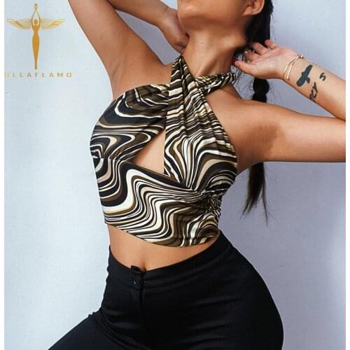 Halter Camisole Summer Womens Backless Sexy Hollow Crop Tops Skinny Water Ripple Printed Cross Tank Tops Femme Crop Vest Street