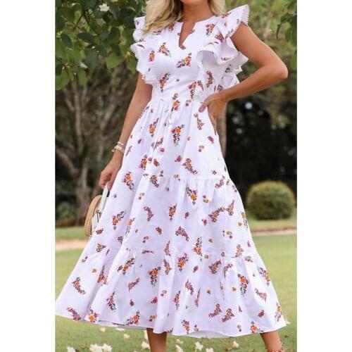 Women Dress Temperament Printed Dresses V Neck Butterfly Sleeve High Waist Bohemian Dress Large Hem Long Ladies Dresses