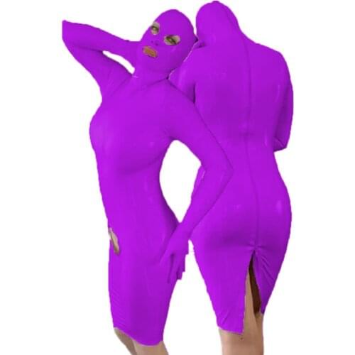 Women Sexy Bodycon Mini Dress with Mask and Short Gloves Open Crotch PVC Dress Long Sleeve Clubwear Plus Size