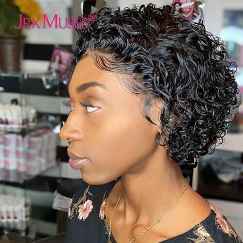 180% Short Pixie Cut Wig Short T Part Lace Front Human Hair Wig For Women Pre Plucked Remy Curly Hair For Black Women