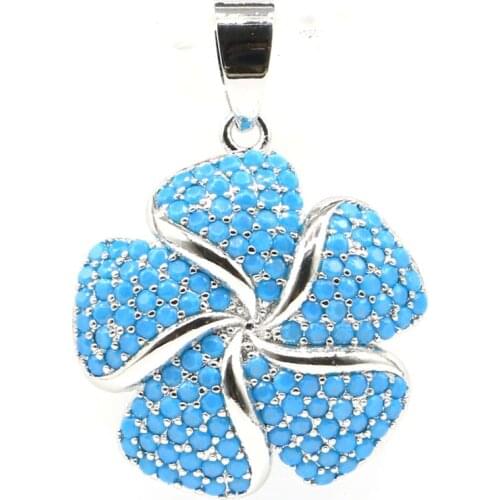 33x24mm Beautiful Flowers Shape Created Blue Turquoise Womans Wedding Silver Pendant