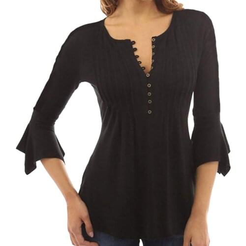 Plus Size Womens Tops And Blouses Women Summer Casual Solid Shirt Button Flared Sleeves Blouse Top Blusas Mujer De Moda 2021