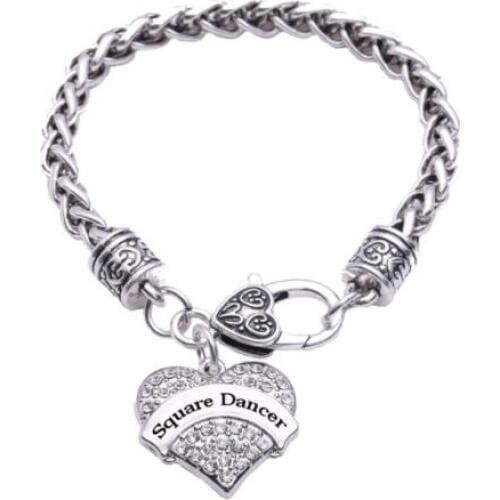 Wheat Link Bracelet Chain with Crystal Heart Square Dancer Bracelets Big Clasp lobster clasps