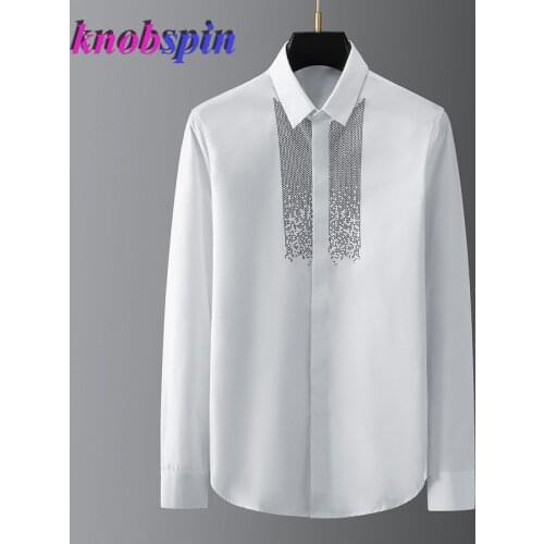 Black And White Rhinestone Hot Stamping On Chest Men Shirt Long Sleeve Slim Chemise homme High-end Male Dress Shirts