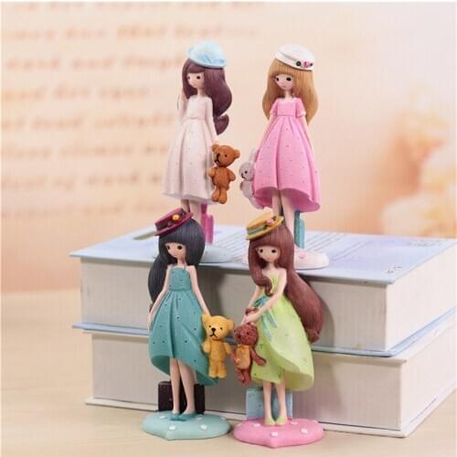 Lovely Girl With Bear Figurine Fashion Girl Cake Ornaments Accessories Resin Craft Office Table Decoration Cute Birthday Gifts