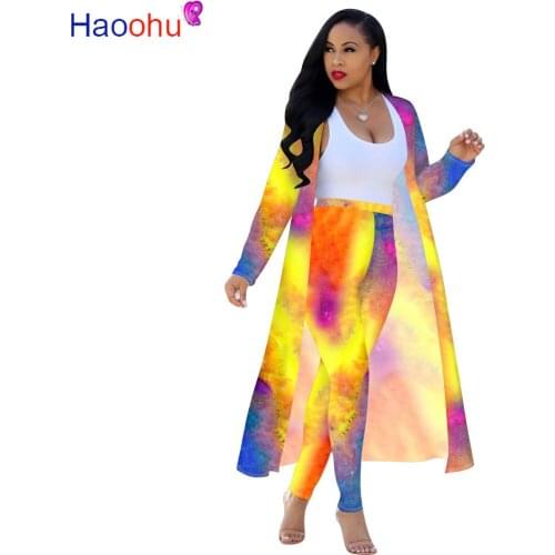 HAOOHU Tie Dye Womens Set Long Sleeve Cloak Long Tops Jogger Pants Suit Active Wear Tracksuit Two Piece Set Fitness Outfit
