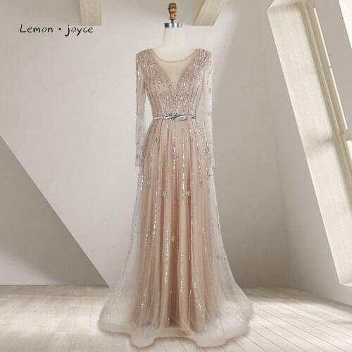 Lemon Joyce Elegant Evening Dresses 2021 Long sleeves Beading Sexy Backless Formal Gowns party dresses